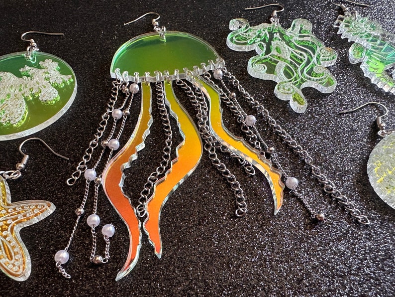 Ocean Creature Earrings: Laser Cut Acrylic Octopuses, Sea Urchins, Horses, Fish, Sea Dragons, Starfishes, Jellyfish, Gifts for Her/Him/Them image 4