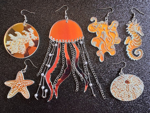 Ocean Creature Earrings: Laser Cut Acrylic Octopuses, Sea Urchins, Horses, Fish, Sea Dragons, Starfishes, Jellyfish, Gifts for Her/Him/Them