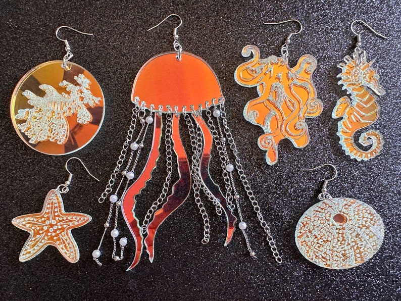 Ocean Creature Earrings: Laser Cut Acrylic Octopuses, Sea Urchins, Horses, Fish, Sea Dragons, Starfishes, Jellyfish, Gifts for Her/Him/Them image 1
