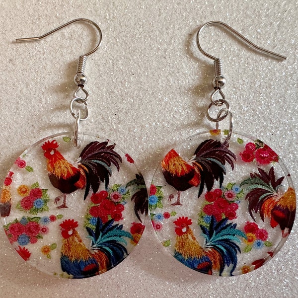 Rooster Earrings: Laser Cut Acrylic Chickens, Rooster, Farm Animals, Cottage Core, Chicks, Hens, Birds, Country, Best Gifts for Her/Him/Them