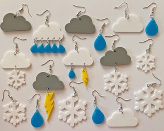 Weather Earrings: Laser Cut Acrylic Clouds, Rain Drops, Raindrops, Lightning, Snowflakes, Storm, Climate, Best Gifts for Her/Him/Them