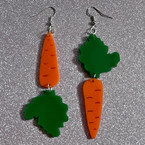 Carrot Earrings: Laser Cut Acrylic Carrots, Vegetables, Farm, Bunny Rabbit, Food Earrings, Veggies, Green, Best Gifts for Her/Him/Them