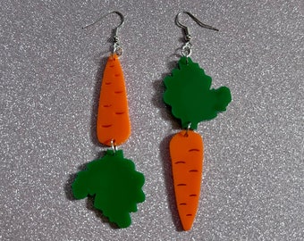 Carrot Earrings: Laser Cut Acrylic Carrots, Vegetables, Farm, Bunny Rabbit, Food Earrings, Veggies, Green, Best Gifts for Her/Him/Them