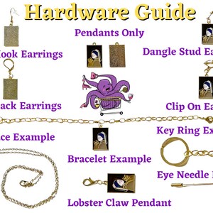 May include: A guide to different hardware options for jewelry making, including fish hook, leverback, dangle stud, clip on earrings, key ring, necklace, bracelet, and lobster claw pendant. The image shows examples of each type of hardware.