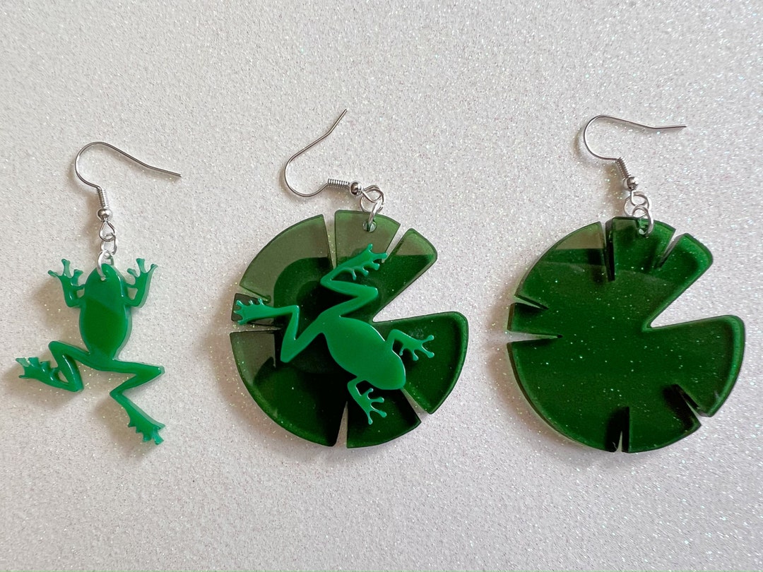 Frog on Lily Pad Earrings Laser Cut Acrylic Green Frogs, Lily Pads