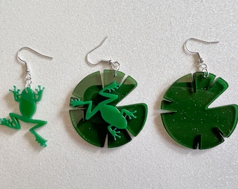 Frog on Lily Pad Earrings: Laser Cut Acrylic Green Frogs, Lily Pads, Fall Earrings, Animals, Gifts for Her/Him/Them