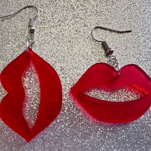 Red Lip Earrings: Laser Cut Acrylic Lips, Makeup, Girl, Woman, Love, Kiss, Cute, Valentines, Anniversary, Best Gifts for Her/Him/Them