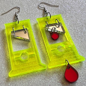 Neon Guillotine Earrings: Halloween, Scary, Horror, Execution, Death, Decapitation, Laser Cut Acrylic, Best Gifts for Her/Him/Them