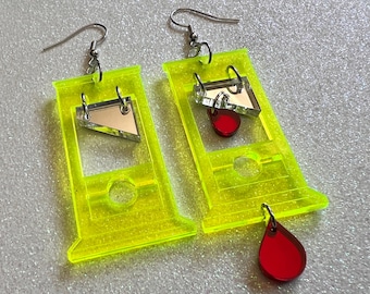 Neon Guillotine Earrings: Halloween, Scary, Horror, Execution, Death, Decapitation, Laser Cut Acrylic, Gifts for Her/Him/Them