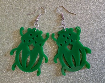 Beetle Earrings: Laser Cut Acrylic Beetles, Green Earrings, Bugs, Insects, Entomology, Costume Jewelry, Novelty, Best Gifts for Her/Him/Them