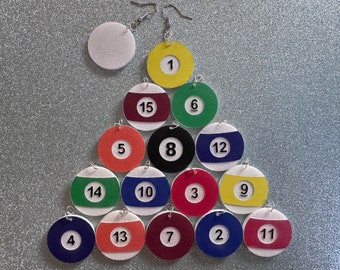 Billiard Ball Earrings: Laser Cut Acrylic Pool Balls, Pool Rack, Sports, Game Night, Eight Ball, Best Gifts for Her/Him/Them