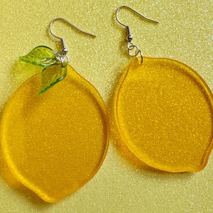Lemon Earrings: Laser Cut Acrylic Lemons with Green Leaves, Lemonade, Fruit, Citrus, Food Earrings, Best Gifts for Her/Him/Them