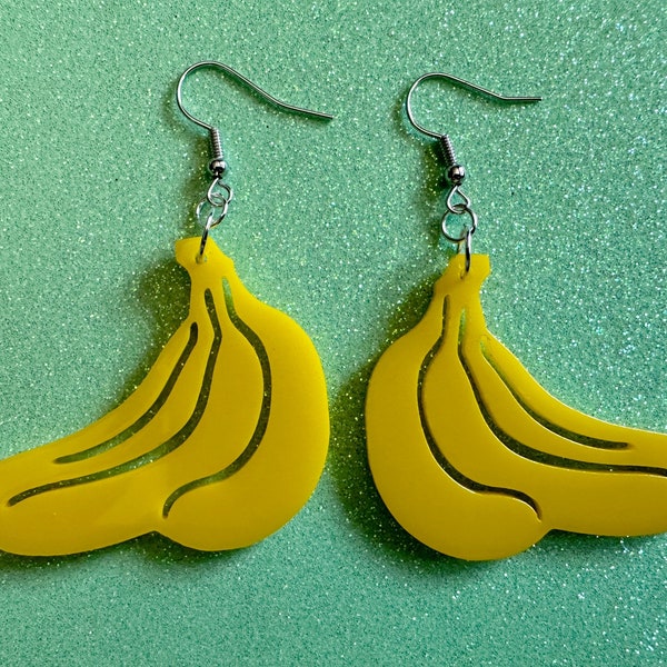 Banana Bunch Earrings: Laser Cut Acrylic Bananas, Fruit, Food Earrings, Breakfast, Food Earrings, Gifts for Her/Him/Them