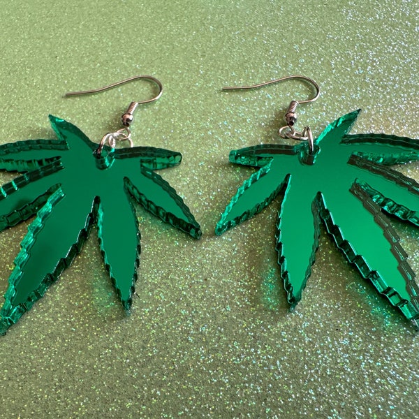Mirrored Marijuana Leaf Earrings: Laser Cut Acrylic Weed Leaves, Bud, Sparkly Green Earrings, Plants, 420, Pot, Best Gifts for Her/Him/Them