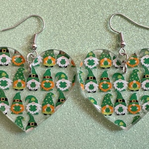 Green Gnome Earrings: Laser Cut Acrylic Gnomes, St. Patrick&#39;s Day, Green Earrings, Leprechaun, Four Leaf Clover, Best Gifts for Her/Him/Them
