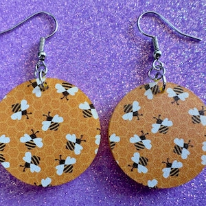 Bee Earrings: Laser Cut Acrylic Honey Bees, Bumblebees, Bumble Bees, Honeybees, Insects, Honey, Yellow, Hive, Best Gifts for Her/Him/Them