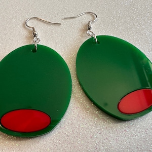 Stuffed Olive Earrings: Laser Cut Acrylic Olives, Charcuterie, Gourmet, Snack, Green Earrings, Cooking, Chef, Gifts for Her/Him/Them