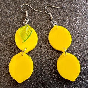 Lemon Earrings: Laser Cut Acrylic Lemons with Green Leaves, Lemonade, Fruit, Citrus, Food Earrings, Best Gifts for Her/Him/Them