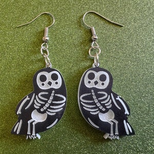 Dainty Halloween Owl Earrings: Laser Cut Acrylic Owls, Bird Skeleton, Novelty Costume Jewelry, Gag Gift, Best Gifts for Her/Him/Them