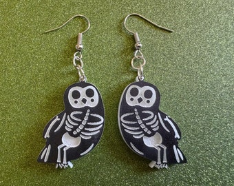 Dainty Halloween Owl Earrings: Laser Cut Acrylic Owls, Bird Skeleton, Novelty Costume Jewelry, Gag Gift, Best Gifts for Her/Him/Them