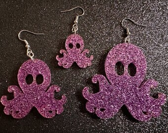 Glittery Octopus Earrings: Laser Cut Acrylic Octopuses, Cephalopods, Ocean Animals, Fish, Sea Creatures, Aquatic, Gifts for Her/Him/Them