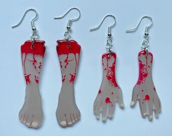 Bloody Limb Earrings: Halloween, Horror Earrings, Murder, Blood, Chopped Off, Hand, Foot, Feet, Knife, Gifts for Her/Him/Them