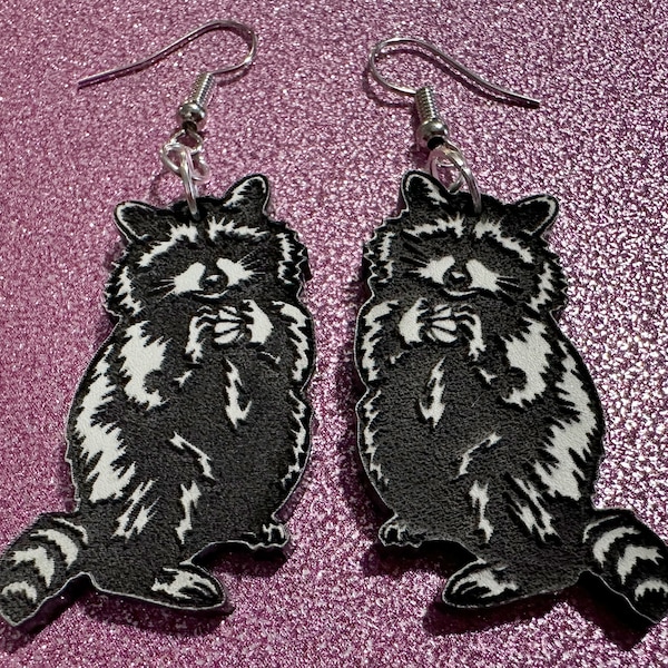 Raccoon Earrings: Laser Cut Acrylic Racoons, Animals, Bandit Racoon, Cute Thief, Trash Panda Earrings, Zoo, Best Gifts for Her/Him/Them