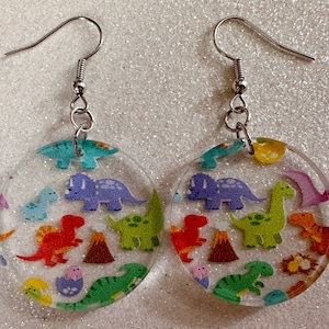Dinosaur Earrings: Laser Cut Acrylic Dinosaurs, Dinos, Tyrannosaurus Rex, Jurassic, Volcano, Lava, Prehistoric, Best Gifts for Her/Him/Them