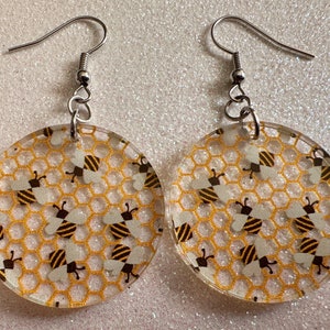 Bee Earrings: Laser Cut Acrylic Honey Bees, Bumblebees, Bumble Bees, Honeybees, Insects, Honey, Yellow, Hive, Best Gifts for Her/Him/Them