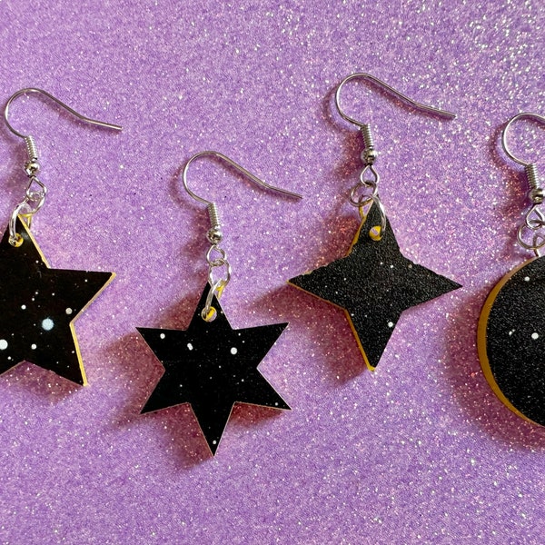 Star & Moon Earrings: Laser Cut Acrylic Stars, Magic, Night Sky, Moons, Astrology, Astronomy, Space Themed, Best Gifts for Her/Him/Them