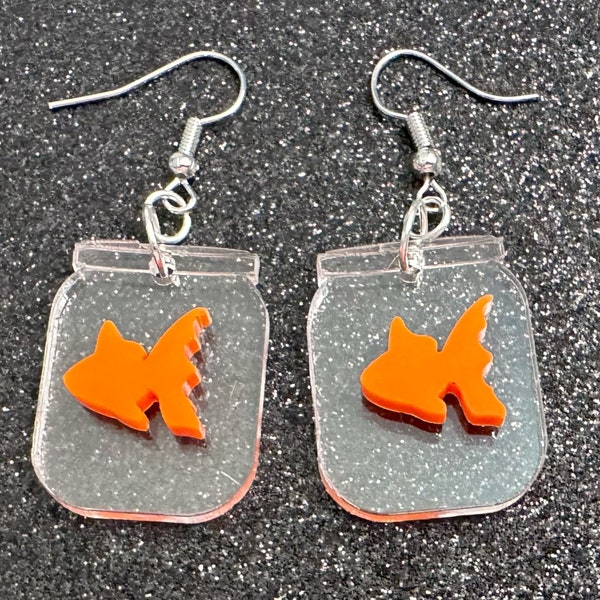 Goldfish in a Jar Earrings: Laser Cut Acrylic Fish, Fishbowl, Aquarium, Unique, Pets, Orange Fishes, Novelty, Best Gifts for Her/Him/Them