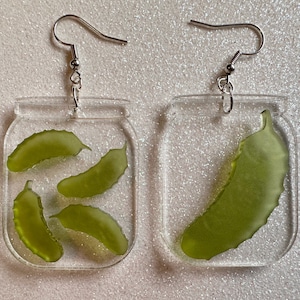 Pickle Earrings: Laser Cut Acrylic Pickle Jar Earrings, Pickle Festival, Cucumbers, Vegetables, Green, Food Earrings, Gifts for Her/Him/Them