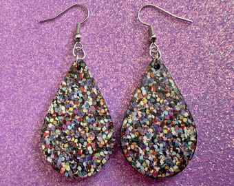 Glitter Print Heart Earrings: Laser Cut Acrylic Hearts, Festive, Colorful, Rainbow, Pride, Colorful, Faux Sparkle, Gifts for Her/Him/Them