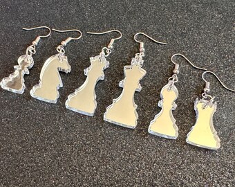 Silver Mirrored Chess Earrings: Laser Cut Acrylic Chess Pieces, Board Game, King, Queen, Pawn, Knight, Tower, Best Gifts for Her/Him/Them