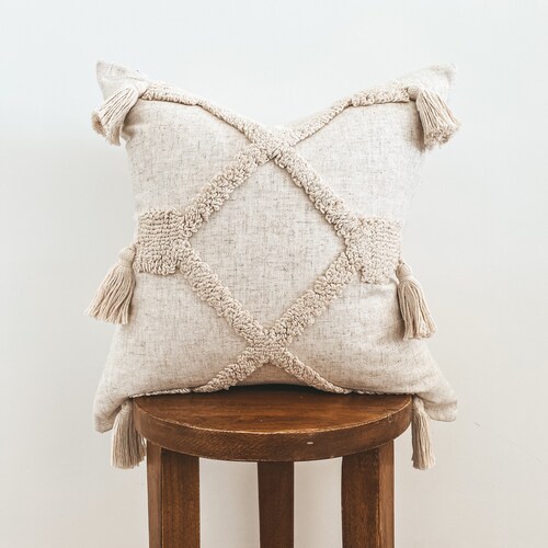 Natural Boho Pillow Cover Fringe Bohemian Pillows Beige Etsy