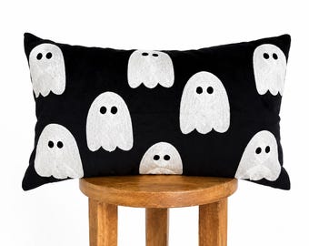 Black Velvet Embroidered Ghost Lumbar Pillow Cover, Halloween Decor (12"x20")