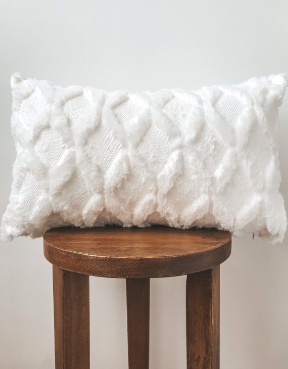 White Fur Lumbar Pillow Cover White White Boho Diamond Knotted Pillow Cover