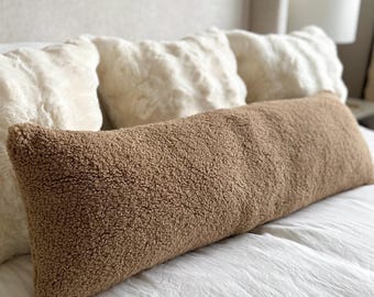Taupe Sherpa Lumbar Pillow Cover 12x40 – Cozy Bedroom Accent