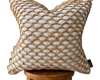 Braided Jute Pillow Cover 20x20, Boho Chic Woven Cotton Tan Cushion