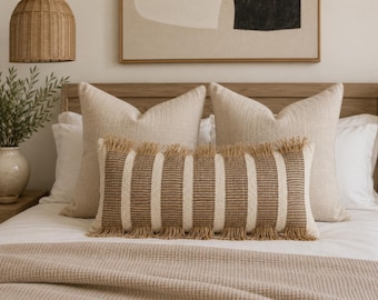 Textured Lumbar Pillow Cover, Cream Tan Fringe, Modern Boho Throw Pillow
