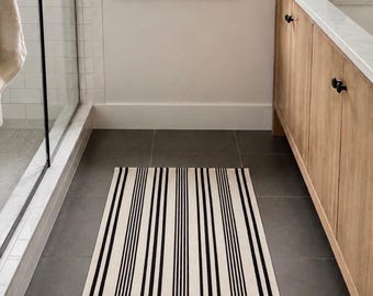 Black Cream Striped Rug 2x3, Woven Accent Rug, Modern Farmhouse Rug, Entryway Rug, Bathroom Rug, Kitchen Floor Mat, Neutral Area Rug