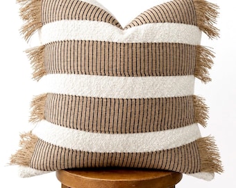 Cream Jute Pillow Cover | Black Striped Fringe Boho Throw Pillow | 18x18 Organic Decor