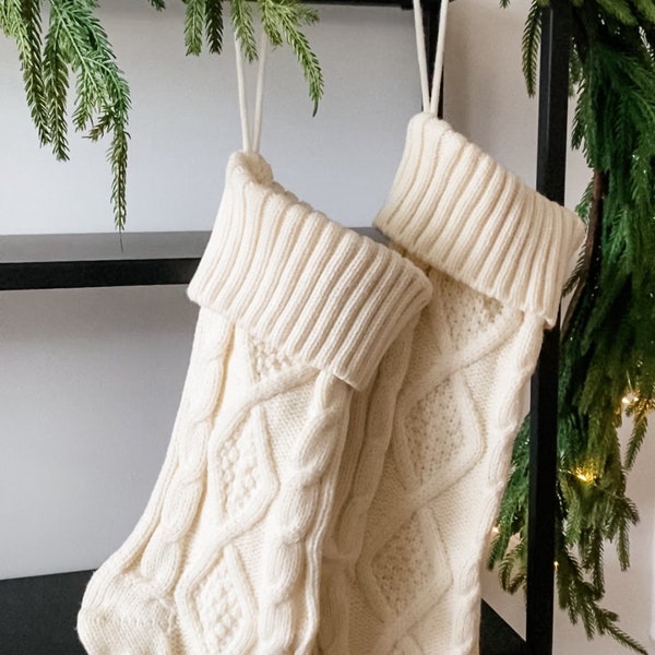 Cream Cable Knit Christmas Stockings, HandKnitted Christmas Stockings,  Handmade Christmas Stocking, White Christmas Stocking