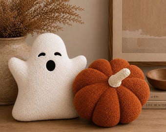 Ghost & Pumpkin Pillow Set, Halloween Throw Pillows, Boucle Ghost Pillow, Plush Pumpkin Decor, Neutral Fall Home Decor, Cozy Autumn Accent