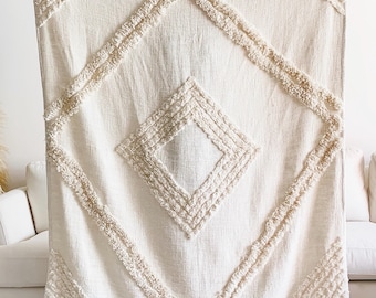 Handmade Boho Throw Blanket, Shag Diamond Pattern, Tassel Corners