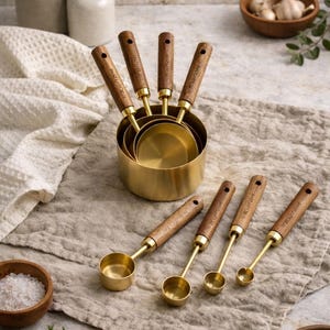 Juego de tazas medidoras de madera de acacia y oro: utensilios de cocina modernos