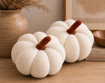 Set of 2 Ivory Pumpkin Pillows | 11” Teddy Boucle Pumpkin Throw Pillows | Fall Decor | Neutral Autumn Pillow Set | Cozy Halloween Home Decor