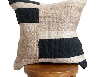 Kilim Pillow, Black & Beige Striped Woven Throw Pillow, Bohemian Cushion