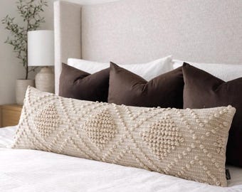 Handmade Beige Textured Lumbar Pillow Cover – 14x36 Boho Decor
