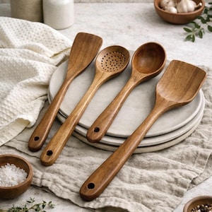 Zestaw 4 przyborów kuchennych z drewna tekowego – naturalne narzędzia kuchenne